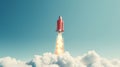 Minimal Rocket: A Timeless Nostalgic Red Rocket Flying Above Clouds