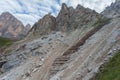 Red rocks, blocks and debris at the foots of dolomitic wall