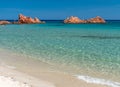 The red rocks in the northern edge of the long beach called Spiaggia di Cea, near Arbatax Sardinia, Italy