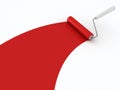 Red roller brush with trail of paint on white Royalty Free Stock Photo