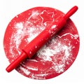 Red Rolling Pin on Round Dough with Star Shape Cutout Isolated on White Royalty Free Stock Photo