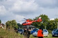 Red Romanian emergency services helicopter at Iasi rally event