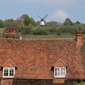 Roof of characterful cottage in the village of Turville in the Chilterns, with Cobstone Mill at the top of the hill behind.