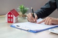 Red Roof House Dealer Sign Contract Concepts Contract Signatures On Documents, Customer Partners, Home Trading, Mortgage, Real