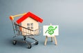 A red roof house in a trading cart and green arrow up on a stand. Increasing the cost and liquidity of real estate. Attractive Royalty Free Stock Photo