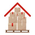 Red roof with multiple packages stacked on stowage