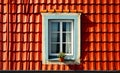 A red roof with a window and a potted plant. Charming red-roofed house with a window adorned with a vibrant potted plant Royalty Free Stock Photo