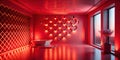 Red room interior design with heart-shaped wall decor and bathtub. Generative AI Royalty Free Stock Photo