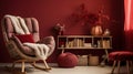a red room with a rocking chair and a book shelf Bohemian interior Nursery with Deep Red color theme
