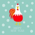 Red Rooster bird. Snow flake. 2017 Happy New Year symbol Chinese calendar. Cute cartoon funny character with big feather tail Royalty Free Stock Photo