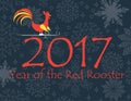 Red rooster riding on skis by number 2017, snowing background