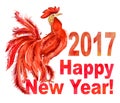 Red rooster and sign 2017 Happy New Year . Watercolor painting Royalty Free Stock Photo