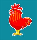 Colored vector illustration isolated on a turquoise background. Red rooster stylized as a logo. Your poultry farm logo. Cartoon