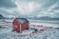 Red rorbu house shed on beach of fjord, Norway Royalty Free Stock Photo