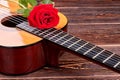 Red rose on acoustic guitar. Royalty Free Stock Photo