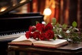 Red rose adorns the grand piano with scattered sheet , valentine, dating and love proposal image