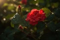 Red rose blooming in enchanted garden. Butterflies take flight., generative IA Royalty Free Stock Photo