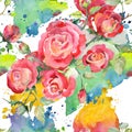 Red rose bouquet floral botanical flowers. Watercolor background illustration set. Seamless background pattern. Royalty Free Stock Photo