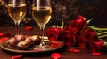 Red rose bouquet with two glasses of wine and chocalate praline on the table, romantic dinner concept, Valentine s day background Royalty Free Stock Photo