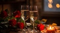 Red rose bouquet and two glasses of wine on the table, candlelight romantic dinner concept, Valentine s day background. Generative Royalty Free Stock Photo