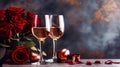 Red rose bouquet and two glasses of wine on the table, romantic dinner concept, Valentine s day background. Generative AI Royalty Free Stock Photo