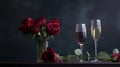 Red rose bouquet and two glasses of wine on the table, romantic dinner concept, Valentine s day background. Generative AI Royalty Free Stock Photo