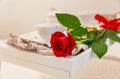 Red rose on breakfast set table set  in luxury hotel suite. Love, Valentine day Royalty Free Stock Photo