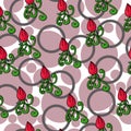 Red rose buds with doodle leaves seamless pattern, flowers and various gray circles on a white background Royalty Free Stock Photo
