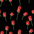 Red rose buttons on the stem vector seamless pattern on a black background