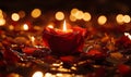 Red rose candle with flame on petals, bokeh background, romantic setting Royalty Free Stock Photo