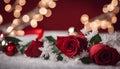 red rose and candles A elegant Christmas with a white hanging garland and a red background. and roses