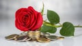 Red rose and coins isolated on white background Royalty Free Stock Photo