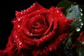 Red Rose with Dewdrops Close-Up on Black Background. Generative AI Royalty Free Stock Photo