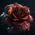 a red rose with drops of water on it\'s petals and petals are sprinkled with red and orange paint on a black background