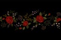 Red rose embroidery on black background. Satin stitch imitation fashion decoration border necklace. Texture flower small
