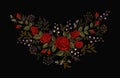 Red rose embroidery on black background. Satin stitch imitation fashion decoration patch necklace. Texture flower small