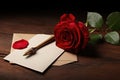 Red Rose on Envelope, Symbolic Love Letter or Romantic Gesture, A single red rose laying across an open love letter, AI Generated