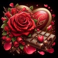 A red rose flowef with chocolate, in a romance scene, with a cute love sign at the background, rose petals, beautiful love art