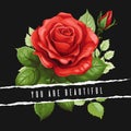 Red rose flower on black, floral beautiful motivational poster design. Modern fashion print, decorative cartoon roses