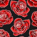 Red rose flower bouquets contour elements seamless pattern on dark background Royalty Free Stock Photo
