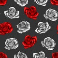 Red rose flower bouquets contour elements seamless pattern on gray background Royalty Free Stock Photo