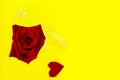 A red rose flower close-up in the background is a blurry heart and a wine glass on a yellow background. top view, flat Royalty Free Stock Photo