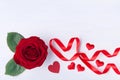 Red rose flower and heart from ribbon for Valentines day card Royalty Free Stock Photo