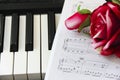 Red rose flower, notes and piano a keys Royalty Free Stock Photo