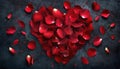 Red rose flower petals in heart shape on black background Royalty Free Stock Photo