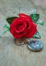 Red rose flower and A retro pocket watch on old wooden board background Royalty Free Stock Photo
