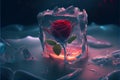 Red rose flower trapped in ice block on frozen icy background valentine\'s love concept Royalty Free Stock Photo