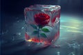 Red rose flower trapped in ice block on frozen icy background valentine\'s love concept Royalty Free Stock Photo