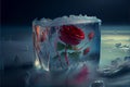 Red rose flower trapped in ice block on frozen icy background valentine\'s love concept Royalty Free Stock Photo