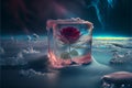 Red rose flower trapped in ice block on frozen icy background at sunset valentine\'s love concept Royalty Free Stock Photo